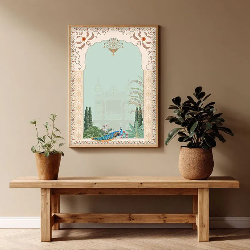 Imperial Peacock Framed Mughal Canvas Archival Canvas Wall Painting - Natural Brown Frame media 1