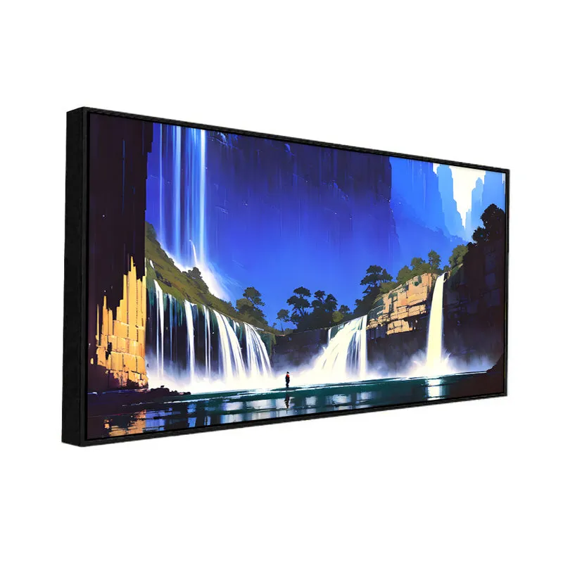 Midnight Waterfalls Landscape Canvas Wall Painting With Frame - Black media 4