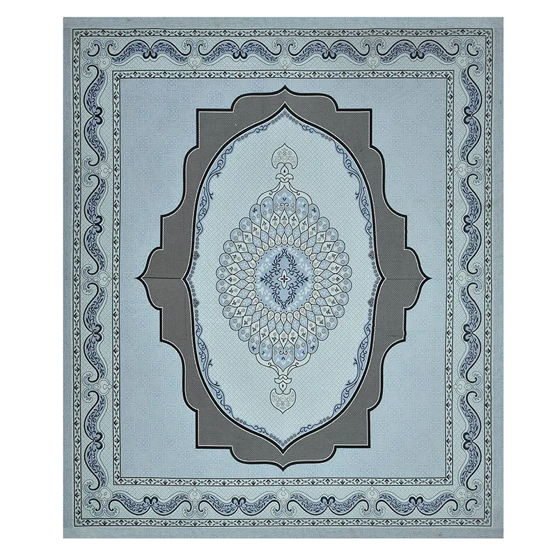 Full view of sky blue bedsheet with decorative border and central medallion