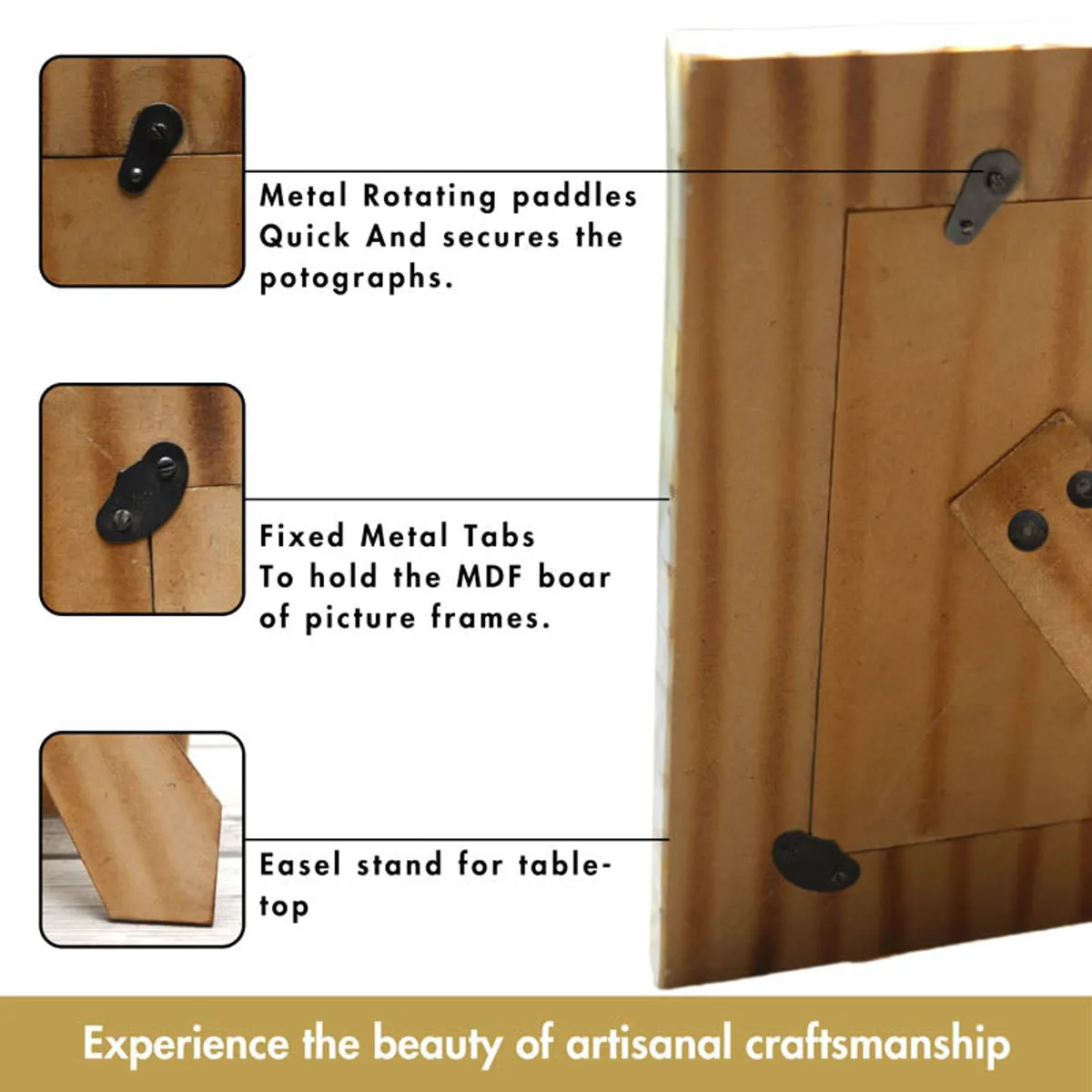 Rear view of a photo frame showing its backing tabs and tabletop easel stand.