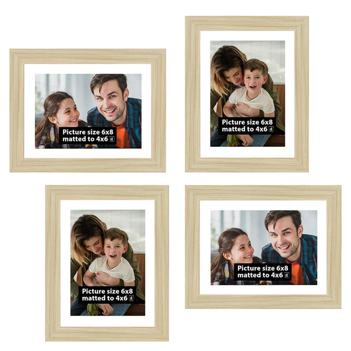 Two horizontal and two vertical beige wood photo frames arranged as a gallery