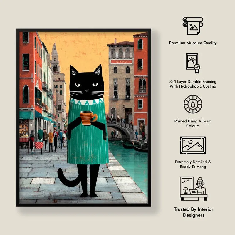 Venice Brew Cat Wall Painting With Frame media 9