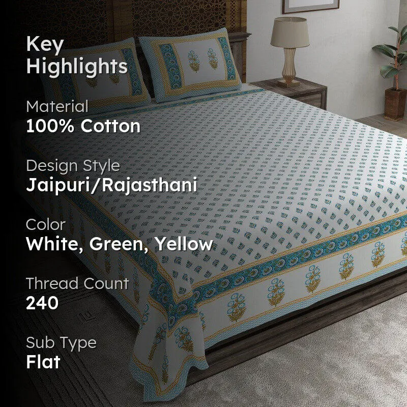 Nestva Cotton Bedsheet (White,Green,Yellow) - 240 TC media 2