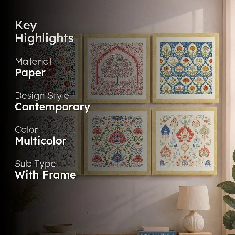 Ethereal Blossoms Paper Wall Painting With Frame - Set Of Six media 2