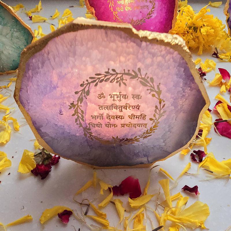 Festive Gayatri Mantra Agate Tealight Candle Holder - Blue media 3