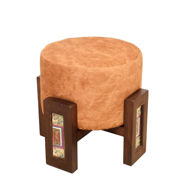 Suede Teak Wood Pouffe - Orange media 4