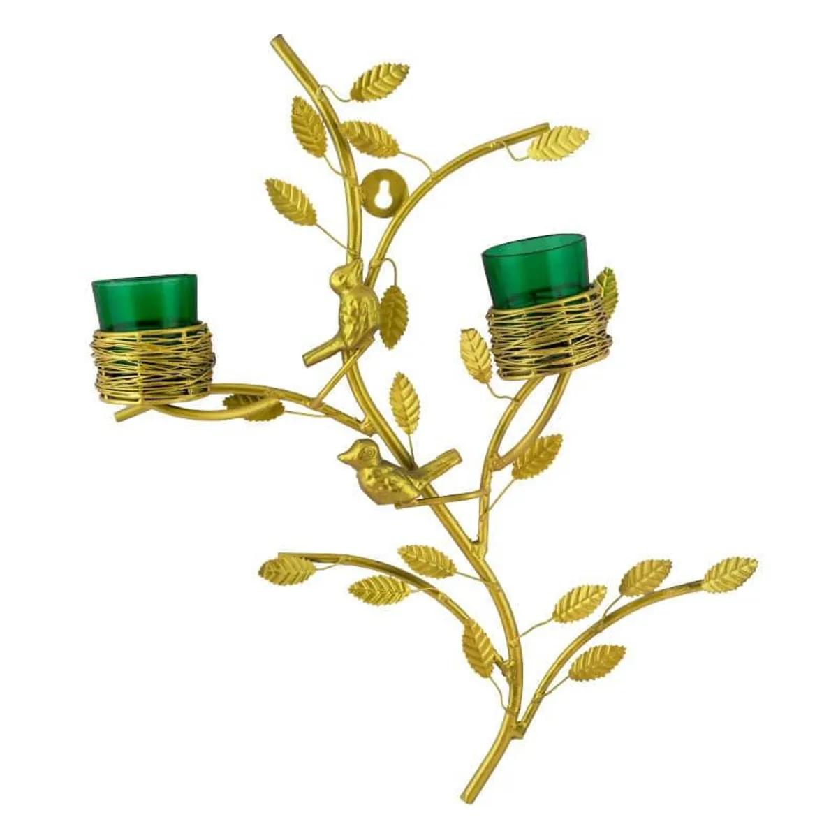 Gold leafy branch candle holder with two green glass votive cups and bird accents