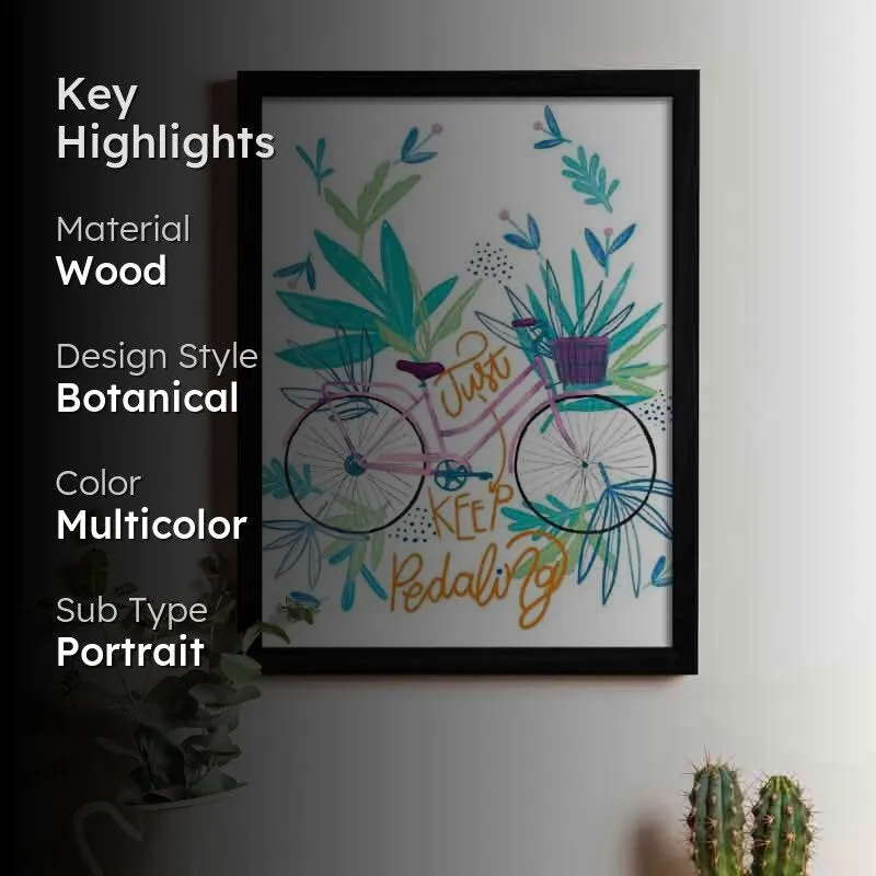 Lifestyle view of framed botanical bicycle wall art in a room setting