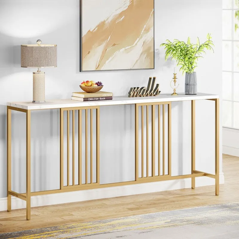 Narrow Long Black Metal Console Table with White Marble Top (Gold) - Medium media 4
