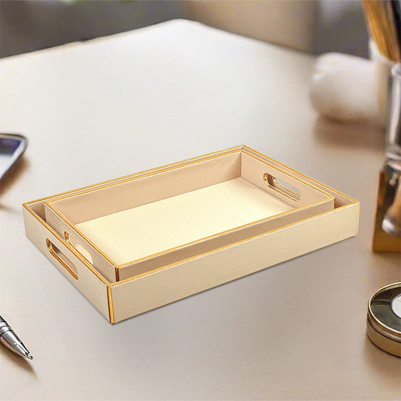 Tisquo Faux Leather Serving Tray (Ivory) - Set Of Two