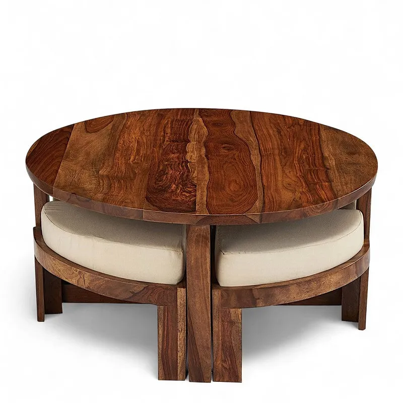 Gravex Sheesham Wooden Center Table with Stools and Cushions (Brown) - Nine Piece Set media 4