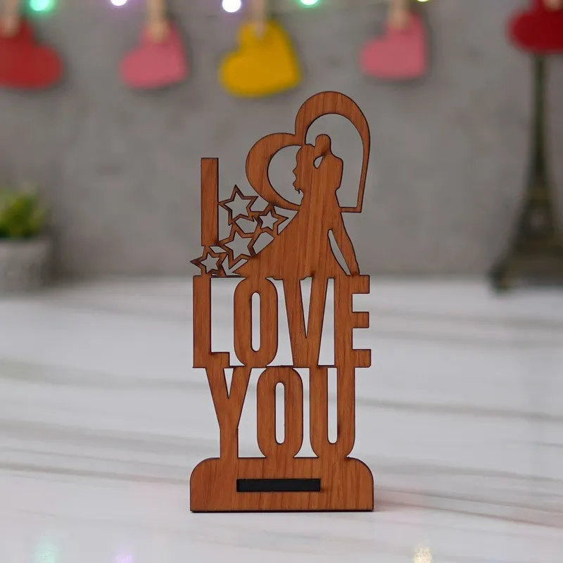 Wooden I Love You tabletop decor piece in brown finish