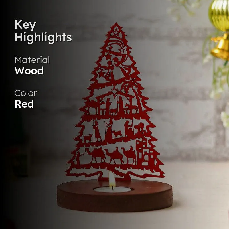 Manger & Tree Wood Christmas Tea Light Holder - Red media 2