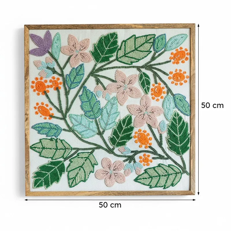 Square floral wall accent shown with its 50 cm height and width