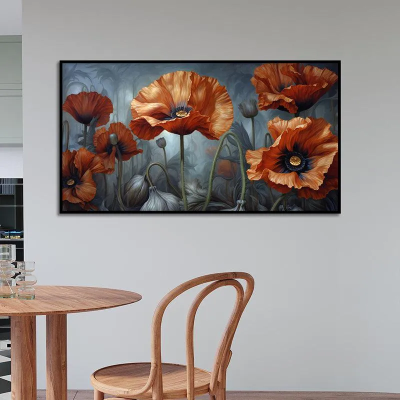 Gloomy Rust Poppies Floral Canvas Wall Painting With Frame - Black media 3