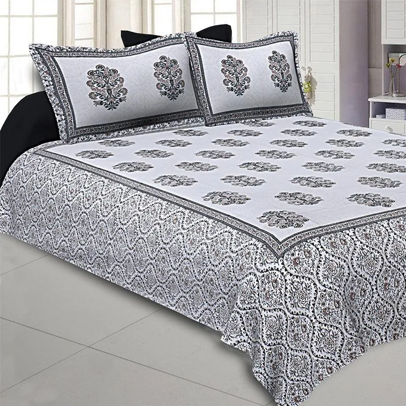 Kruti Ethnic Cotton Bedsheet (White,Grey) - 180 TC media 1