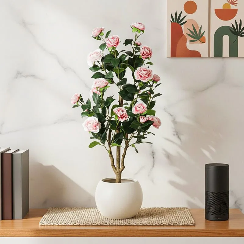 Faux Lush Mini Camellia Plant With Black Plastic Pot - Pink - 3.1 Feet media 1
