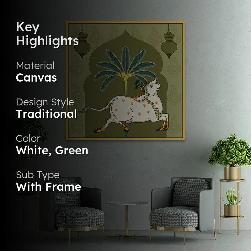 Cow In Banana Grove Canvas Wall Painting With Frame - Gold media 2