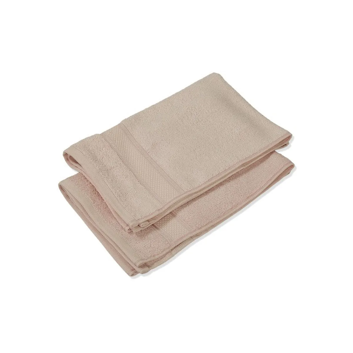 Two folded light beige hand towels shown at an angle.