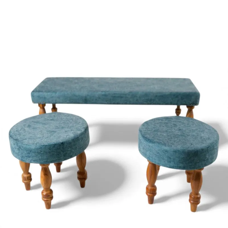 Axiro Sheesham Wooden Bench with Stools (Blue) - Three Piece Set media 3