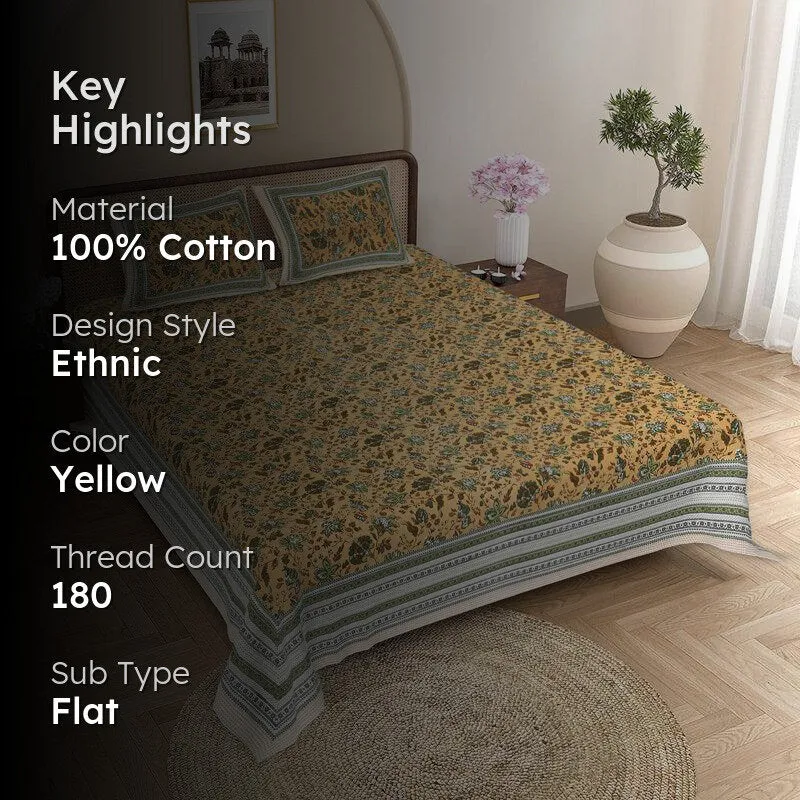 Vishala Ethnic Cotton Bedsheet (Yellow) - 180 TC media 2