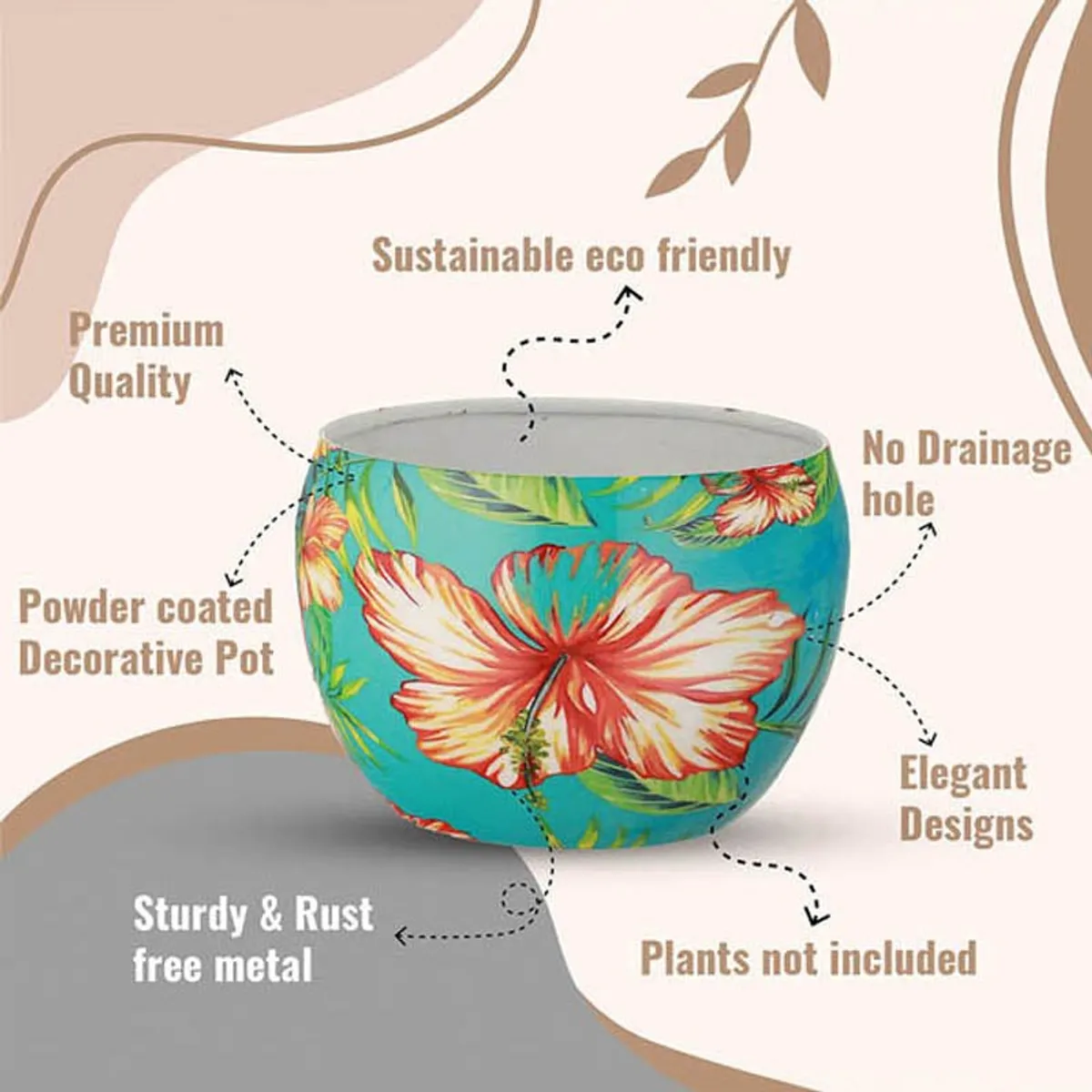 Single blue hibiscus planter with floral print shown close up
