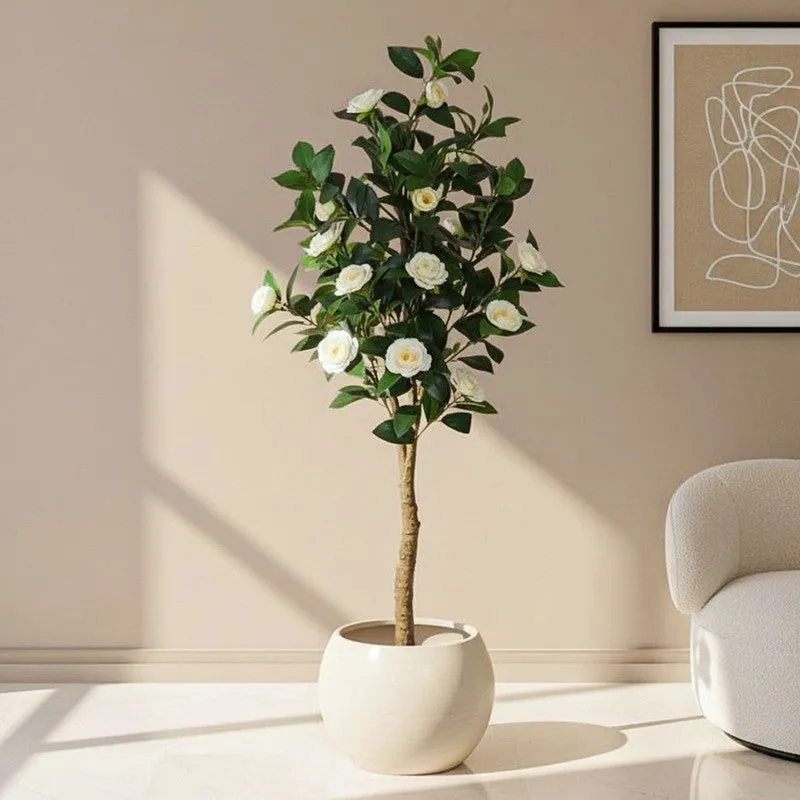Faux Lush Mini Camellia Plant With Black Plastic Pot - White - 5 Feet media 1