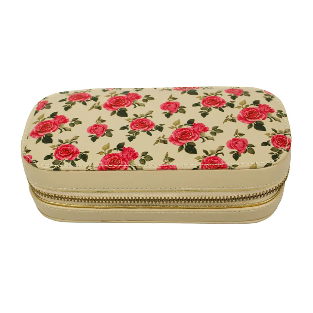 Closed ivory jewel box with pink floral print and rounded rectangular shape
