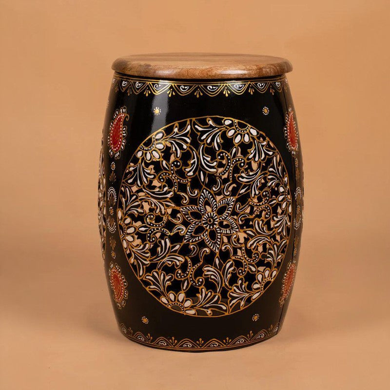 Floral Cutwork Drum Iron Stools - Black media 4