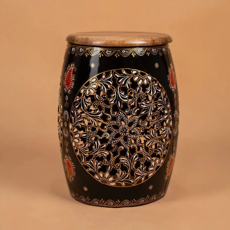 Floral Cutwork Drum Iron Stools - Black media 4