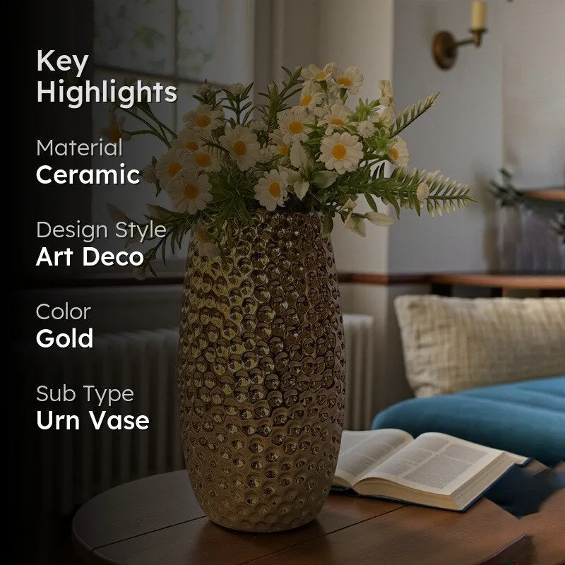 Rain Ridge Textured Ceramic Vase (Gold) - Medium media 2