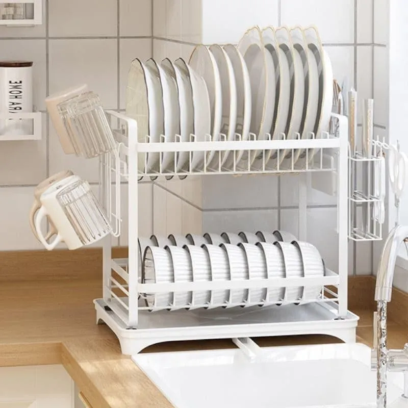 Premium White Double Dish Rack with Drainage - Carbon Steel media 3