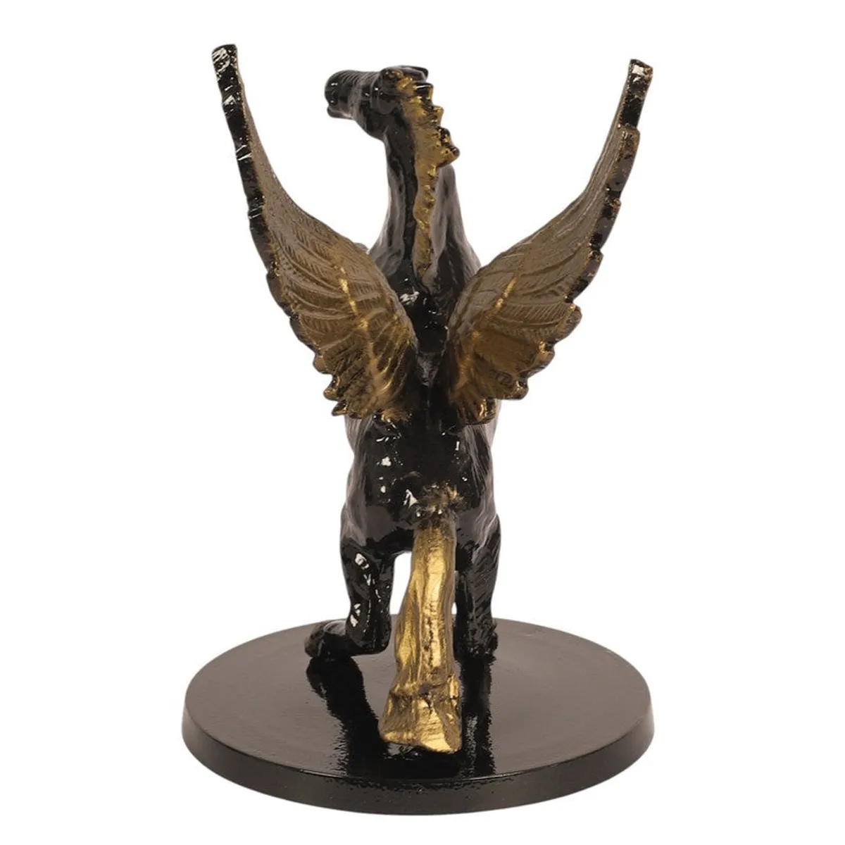 Rear view of a black and gold flying horse showpiece on a round base