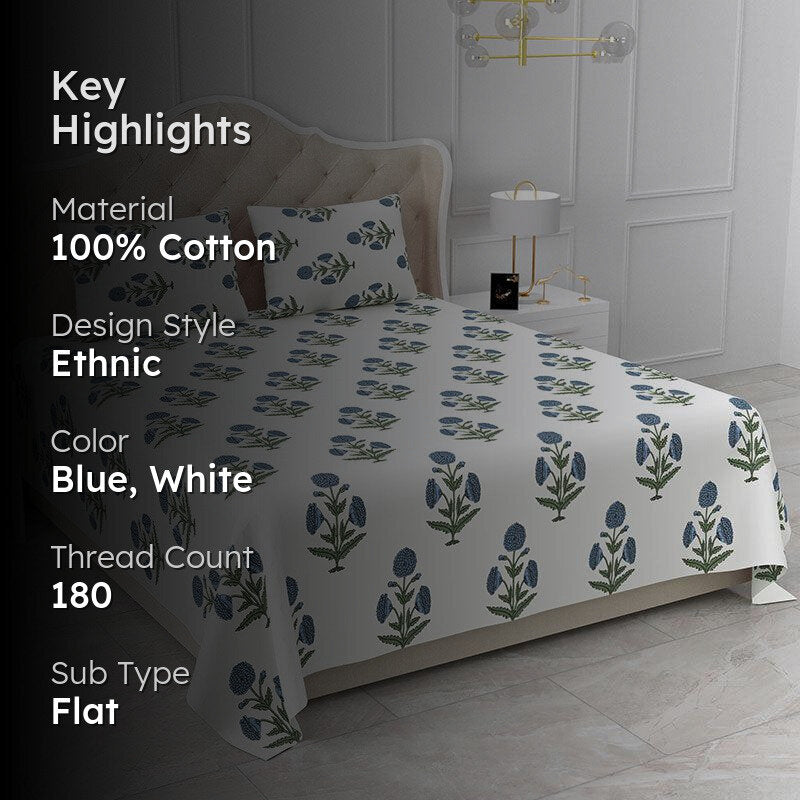 Marrakech Marigold Ethnic Cotton Bedsheet (Blue & White) - 180 TC media 2