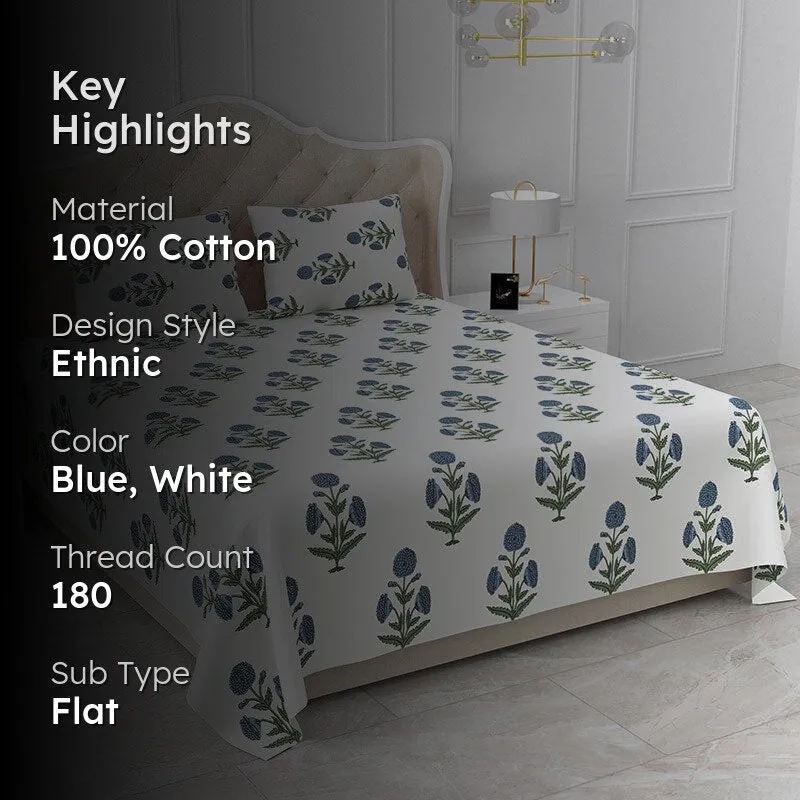 Marrakech Marigold Ethnic Cotton Bedsheet (Blue & White) - 180 TC media 2