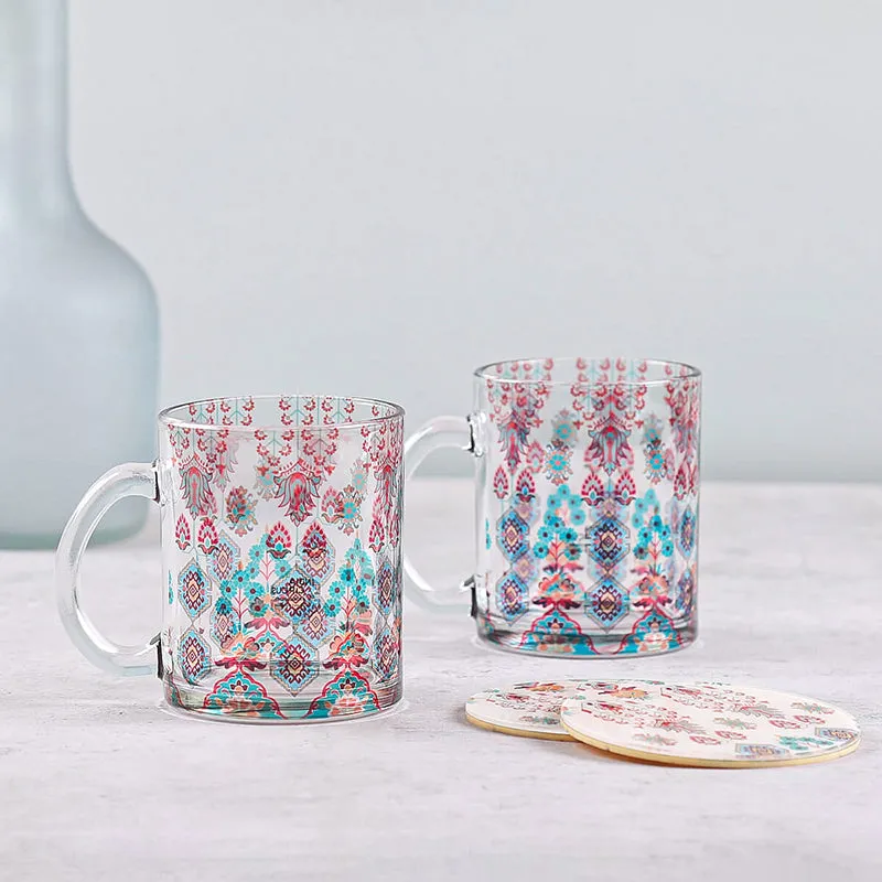 India Circus Petal Mist Glass Mug With Coaster (325 mL Each) - Four Piece Set media 1