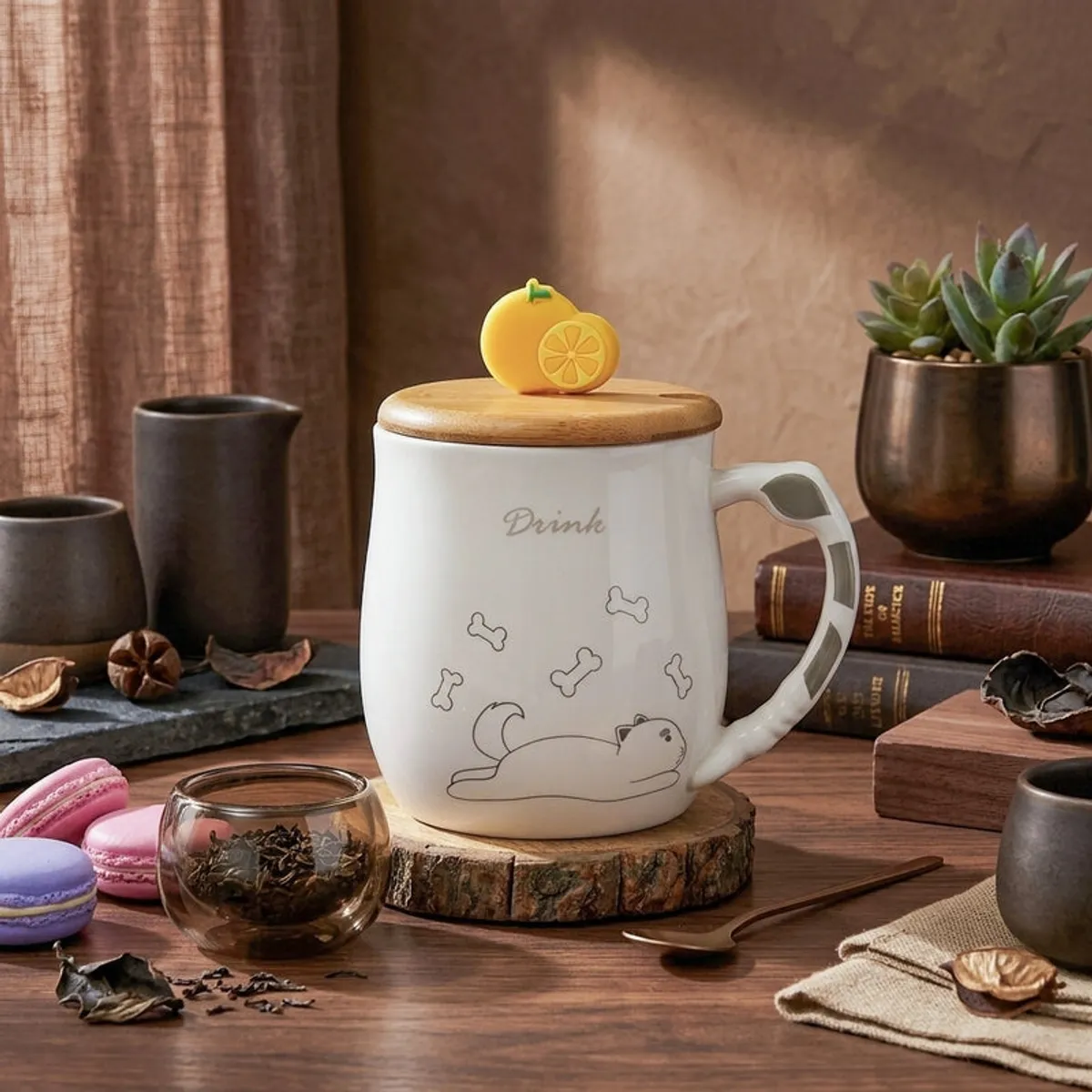 Dog illustration mug with lid styled on a warm wooden tabletop