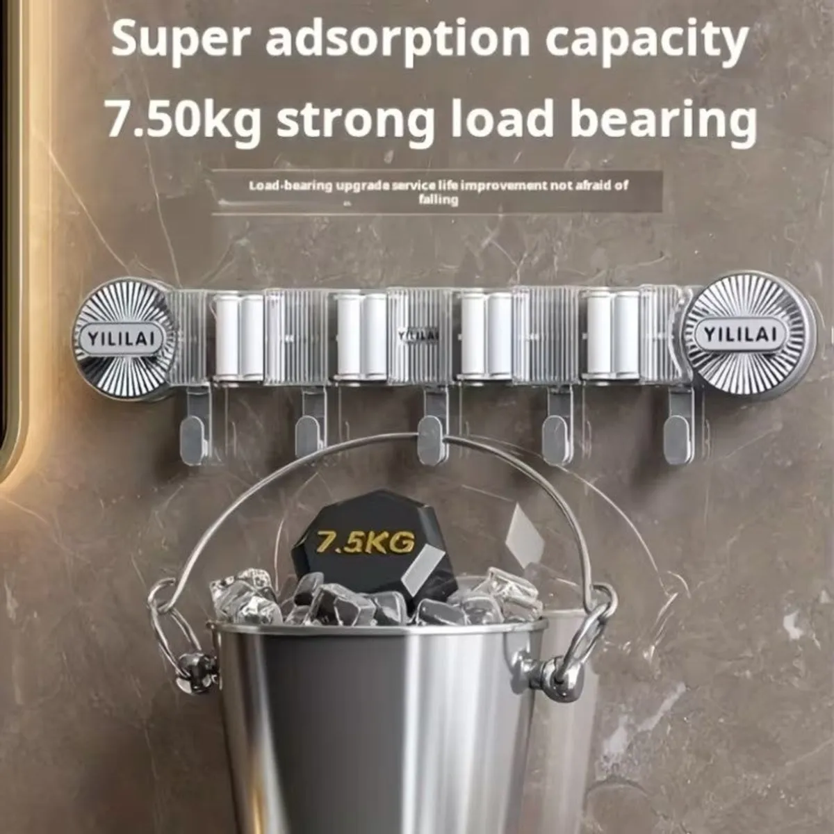 Transparent wall-mounted organiser with hooks displayed above a metal bucket