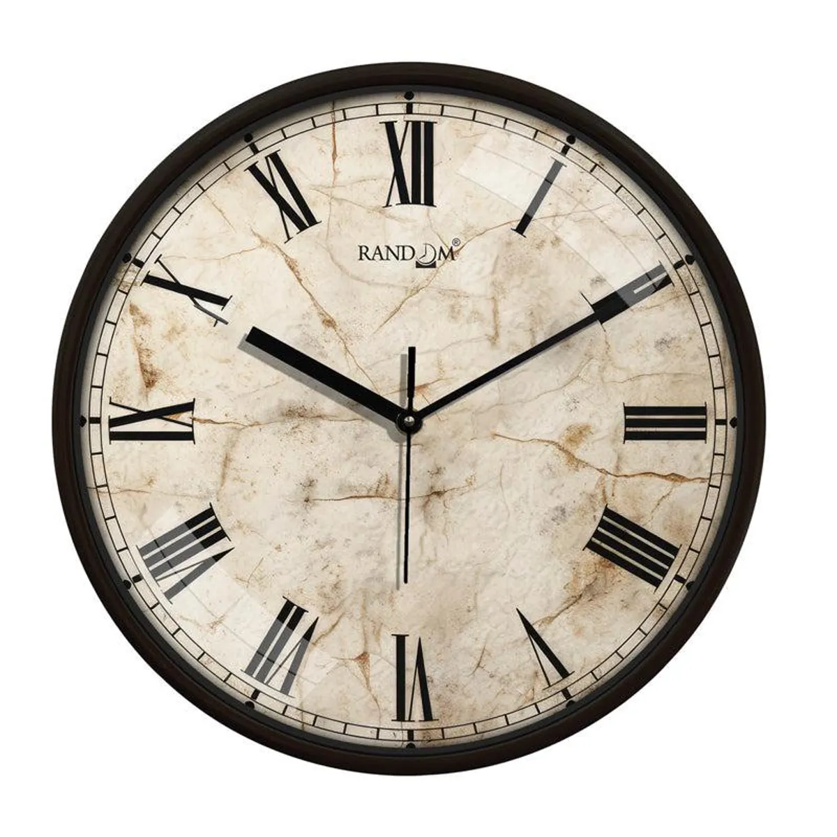 Round beige and black wall clock with Roman numerals and vintage-style face