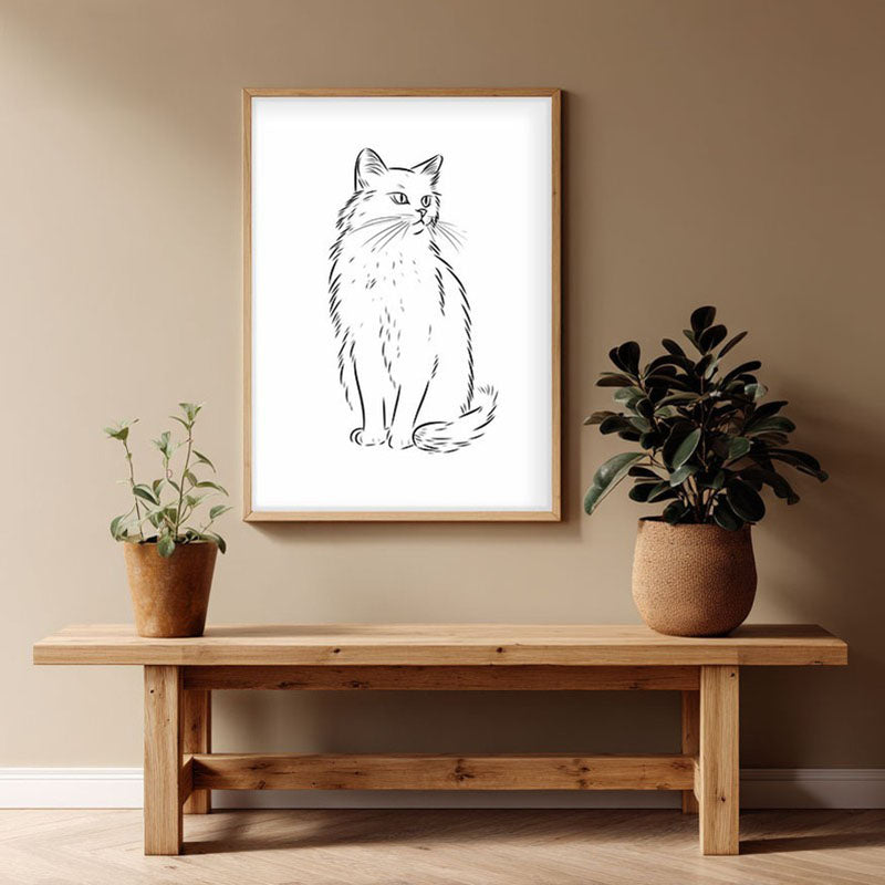 Cat Sketch Archival Canvas Wall Art - Natural Brown Frame