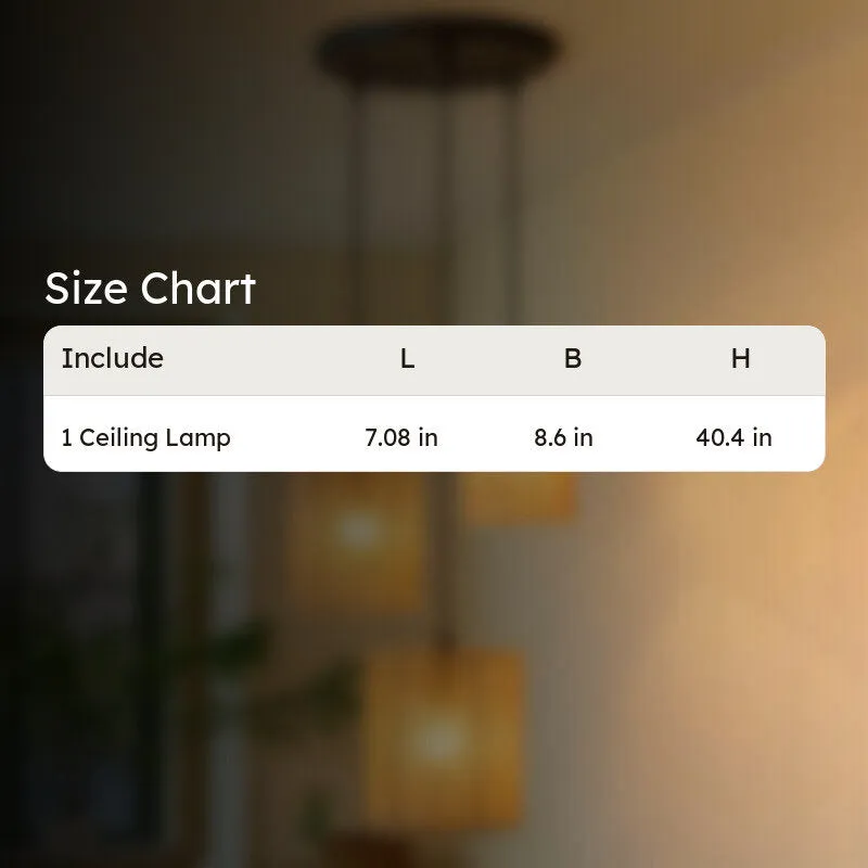 Size chart graphic over a blurred pendant lamp background