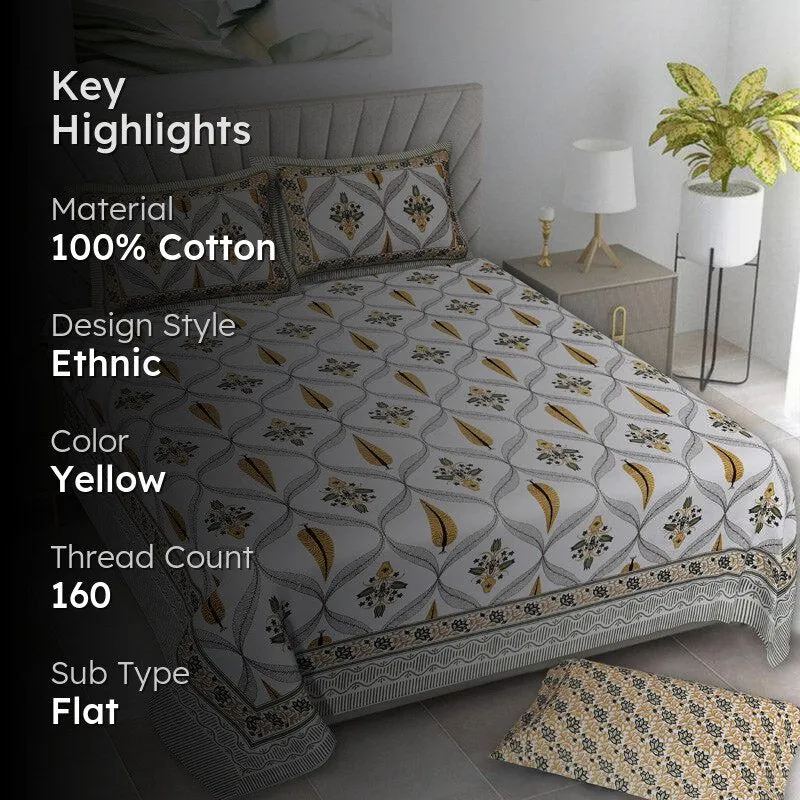 Quade Ethnic Cotton Bedsheet (Yellow) - 160 TC media 2