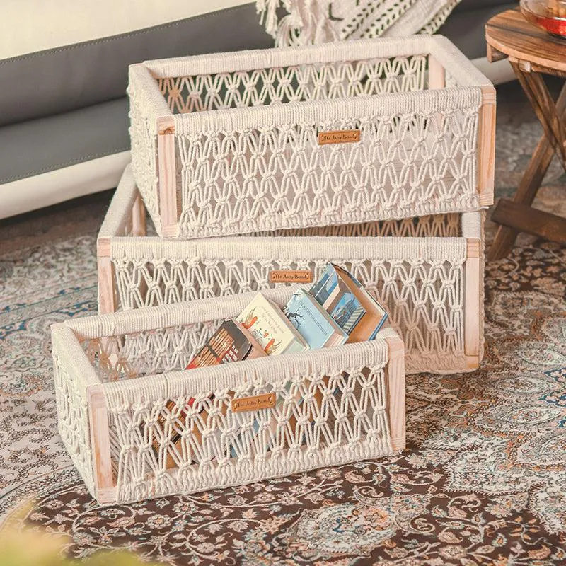 Boho Max Handcrafted Macrame (Wood,Cotton) Storage Basket - Set Of Three media 3