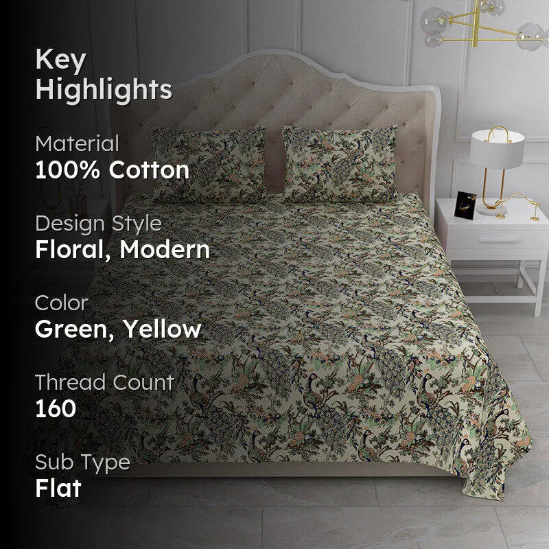 Vibrant Mor Floral Cotton Bedsheet (Green & Yellow) - 160 TC media 2