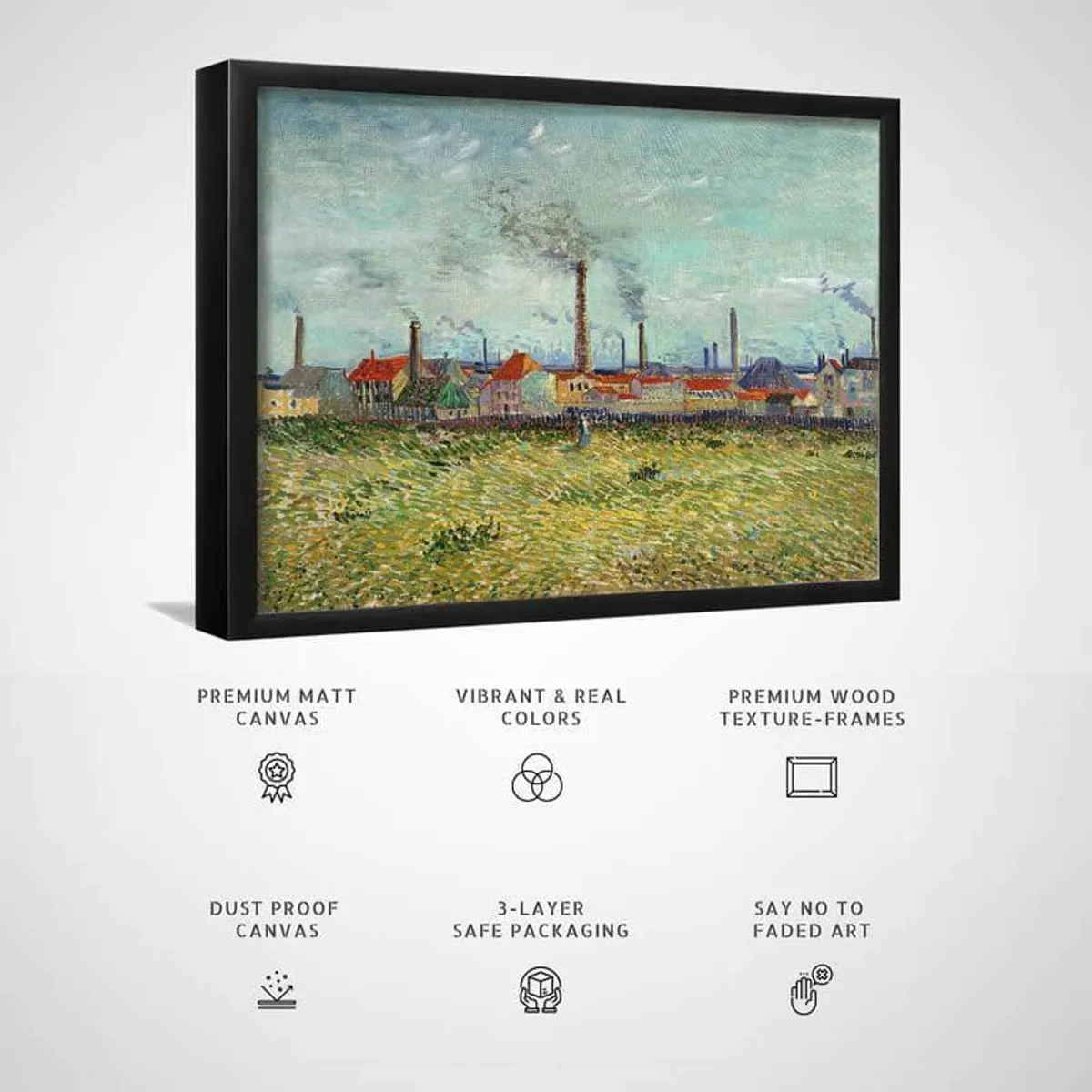 Angled view of a black-framed landscape painting on a plain white background.