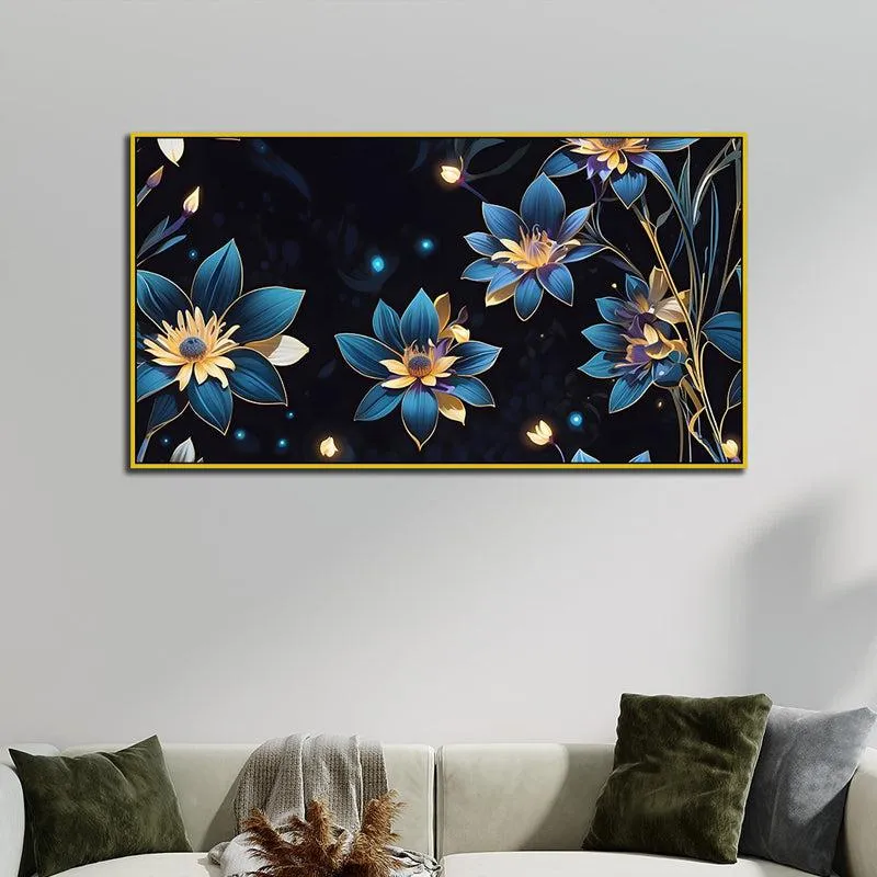 Midnight Blue Sparkle Floral Canvas Wall Painting With Frame - Gold media 1