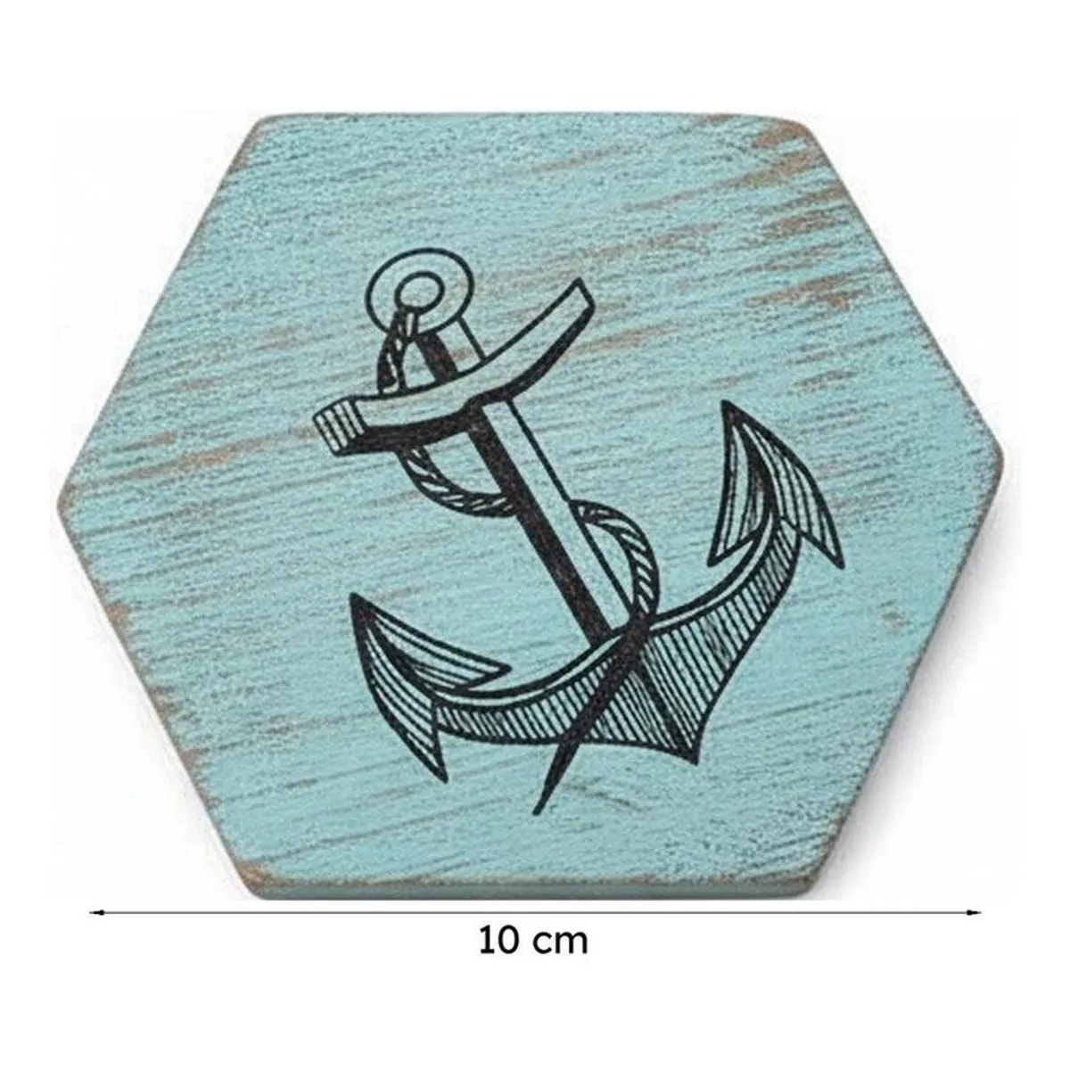 Close-up of a single blue coaster with black anchor artwork