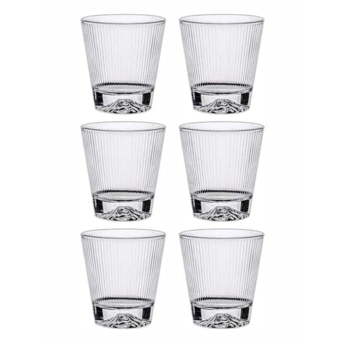 Six clear vertically ribbed whiskey glasses arranged in two columns