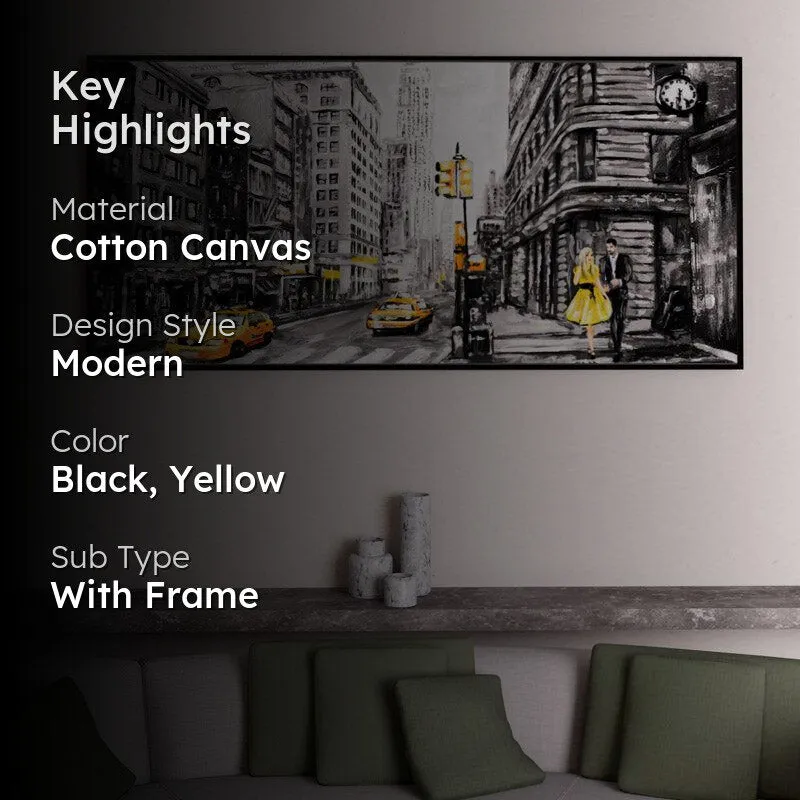 Framed cityscape wall art shown in a living room with a highlights overlay