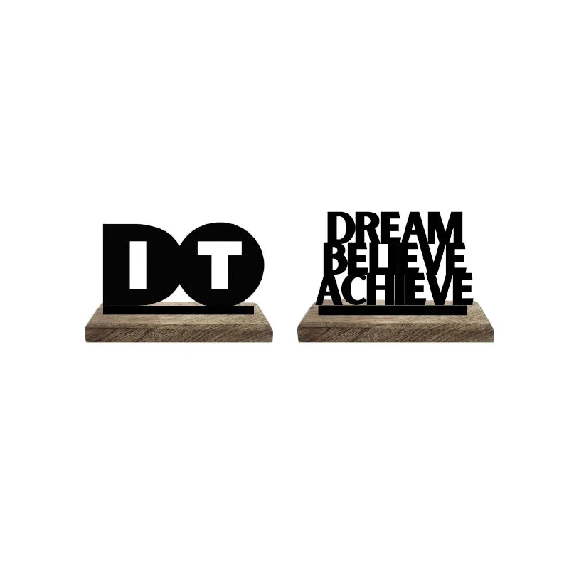 Set of two black typography showpieces on wooden bases